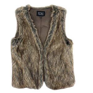 TCEC Women’s Size M Brown Animal Print Faux Fur Vest